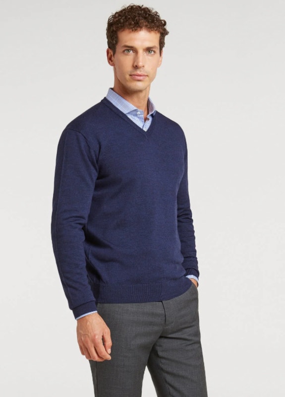 Saks Fifth Avenue Merino Wool V Neck Sweater Navy Blue Knit Pullover Men's L